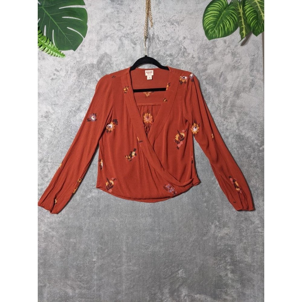 🍑MOSSIMO Bohemian Style 100% Rayon Women Floral Surplice Burnt Orange X-SMALL - Picture 1 of 12